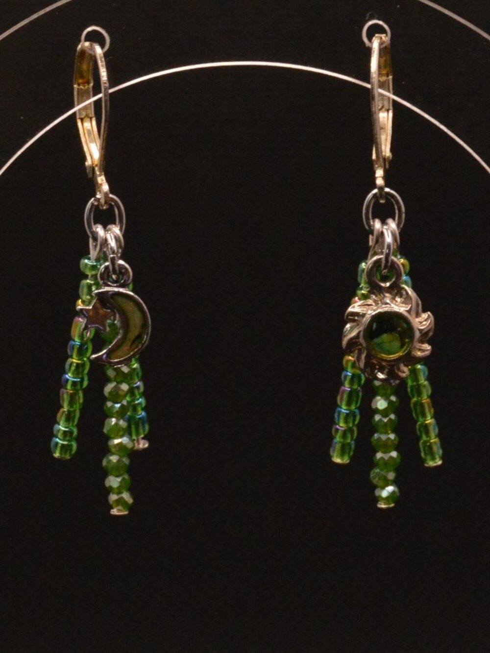 Green Beaded Sun & Moon Dangle Earrings
